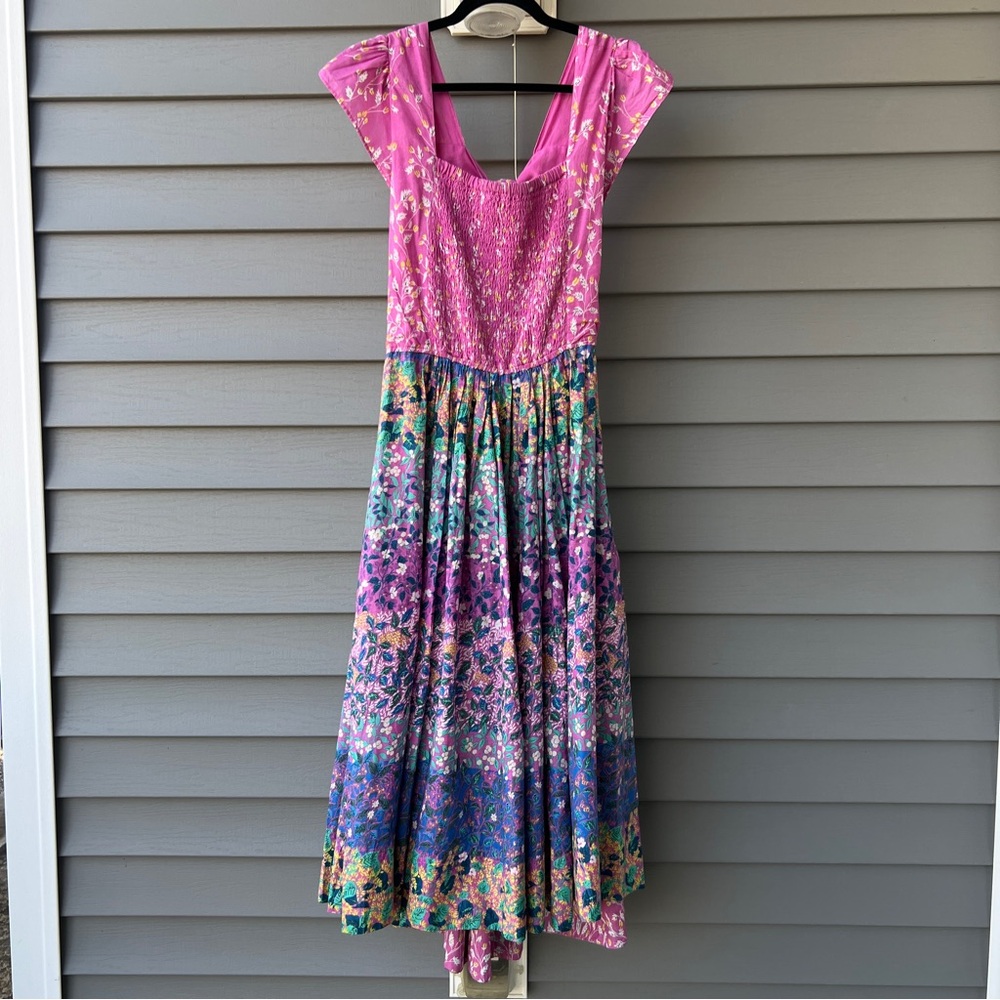 Caroline Constas Prairie Floral Flowy Dress Ruched Tie Back Smocked Size L
